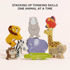 The Africa Stacking Animals & Bag features colorful wooden figures like a lion and zebra, arranged on a light surface with text above—a sustainable toy designed to develop fine motor skills.
