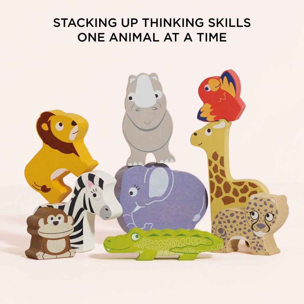 The Africa Stacking Animals & Bag features colorful wooden figures like a lion and zebra, arranged on a light surface with text above—a sustainable toy designed to develop fine motor skills.