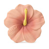 Iris the Hibiscus Teething Toy is a pink, hibiscus-shaped baby teether with a yellow stamen, soft smooth petals, and "Oli & Carol" embossed on one petal. Safe materials make it ideal for infants as a sensory play toy.