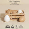 The Farm Eggs Wooden Market Crate holds six realistic wooden eggs in shades of brown and white. Made from sustainable, plastic-free FSC certified wood. "Le Toy Van" is labeled on the crate. Dimensions provided above.