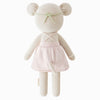 Cuddle + Kind Emma The Mouse is a handmade, hypoallergenic knit stuffed animal resembling a mouse, dressed in a light pink dress with crisscross straps and a pale green bow on its head, shown from the back.