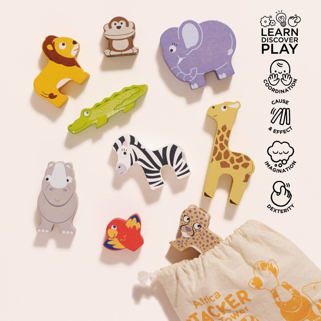 Africa Stacking Animals & Bag features colorful wooden lion, monkey, and elephant figures near a fabric bag. This sustainable toy helps develop fine motor skills, with educational icons and phrases displayed on the right.