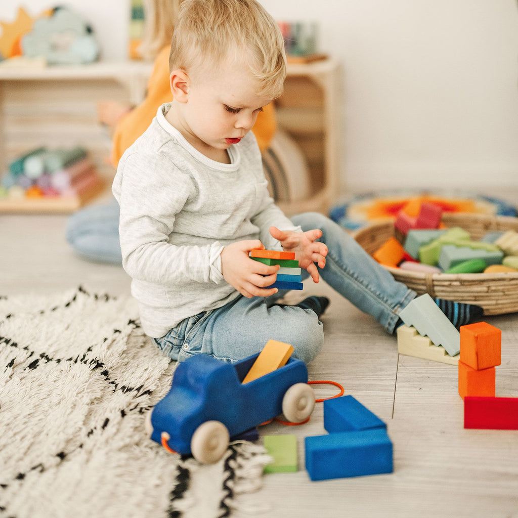 A young child sits on the floor, enjoying colorful, non-toxic wooden blocks. Nearby is a blue toy car and a Grimm's Pull Along Truck. Shelves in the background display more toys, some rainbow-colored, creating a cozy and playful atmosphere.