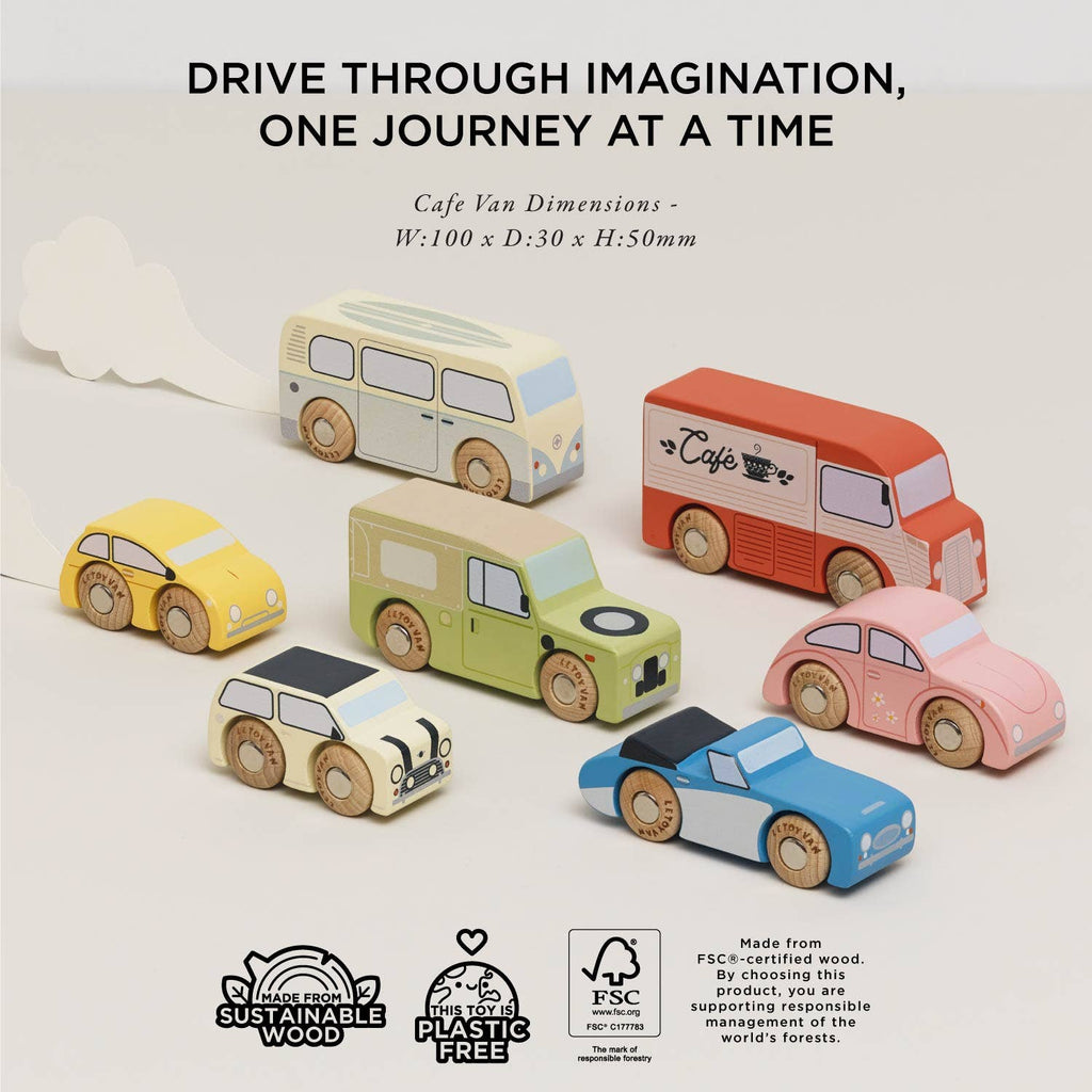 Vintage Toy Cars, crafted from FSC-certified wood, include colorful cars, vans, and a café truck. Displayed on a neutral background, they inspire imaginative, sustainable play without plastic.