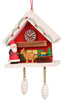 Introducing the Christian Ulbricht Ornament - Santa with Red Cuckoo, a delightful Christmas decoration crafted in Germany. This ornament is designed in the shape of a house and includes a small Santa figure, a reindeer, and a clock, all surrounded by a lush green tree. The roof is beautifully accented with white, green, and red colors and features two white pinecones that hang from gold chains. Please note this charming piece is intended for decorative purposes only and is not suitable as a toy.