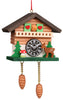 Introducing the Christian Ulbricht Ornament - Cuckoo with Deer: a charming decorative piece shaped like a small house and handcrafted in Germany. It showcases a clock face with Roman numerals, two hanging pinecones, as well as delightful details such as a red mushroom, a small green tree, and a brown deer beside it. Please note, this lovely ornament is not intended for use as a toy.
