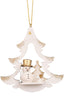 The Christian Ulbricht Ornament - White Tree with Snowman showcases German craftsmanship with a white and gold Christmas tree, smiling snowman in a gold top hat, gold-accented tree, white bird, and gold hanging string.