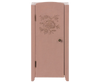 The Maileg Miniature Closet is a small, pink wooden cabinet made from FSC wood. It features a single door with a floral engraving, a round brass knob, and simple lines—perfect for organizing shelves in any space.