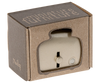 The Maileg Toaster with Bread, Large Size - Silver, is a charming metal toy toaster for kids, packaged in a brown box with a cut-out window that showcases the toaster and features "miniature furniture" printed on the top.