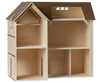 A Maileg Farmhouse Dollhouse with Wallpaper featuring multiple rooms and a dark roof.