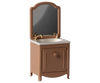The Maileg Sink Dresser With Mirror, Mouse - Dark Powder features a miniature brown vanity with a white sink, gold faucet, and rectangular mirror—ideal vintage-style dollhouse bathroom furniture for your mouse house.