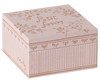 Square, pale pink Maileg Miniature Cakes & Cake Stand gift box featuring a dollhouse cake set, with “Petit Fours” text and floral illustrations on the lid.