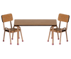 Two wooden chairs with metal legs flank a matching rectangular table from the Maileg After School Set. The chairs feature brown seats and backs, showcasing a simple, minimalist design.