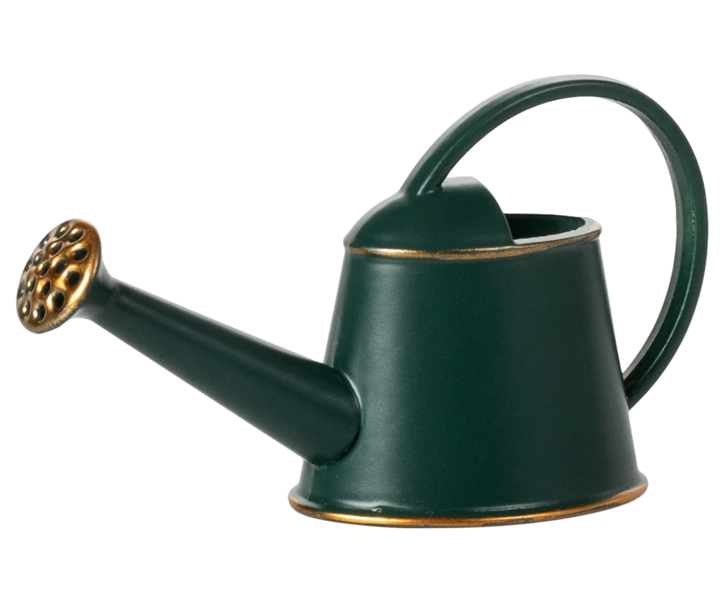 The Maileg Watering Can, Mouse - Dark Green features a large handle, wide open top, and gold-colored spout and rim—perfect for nurturing your plants or flowers.