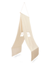 A Ferm Living Settle Bed Canopy - Off-White, draped fabric hanging from the ceiling with a triangular top, featuring peeping white decorative lights, made from GOTS certified organic cotton, set against a black background with horizontal lines