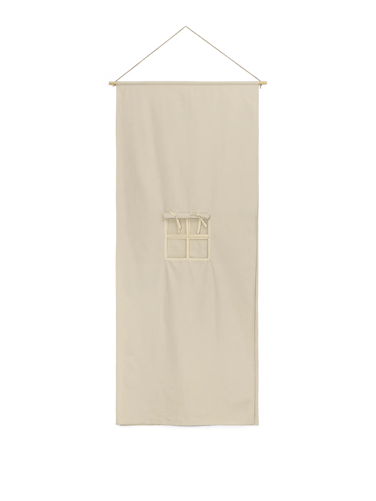 A Ferm Living Settle Bed Canopy - Off-White displayed against a black background, featuring a simple square-like geometric pattern in the center.