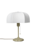 Introducing the Poem Table Lamp - White/Cashmere, featuring a modern design with a beige base and a mushroom-shaped, white translucent shade. It elegantly graces any flat surface, with its cord subtly extending like a line of prose.