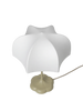 Introducing the Poem Table Lamp - White/Cashmere, a modern masterpiece with a petal-shaped translucent shade and flower-like beige base, elegantly complemented by a simple power cord extending from the stem.