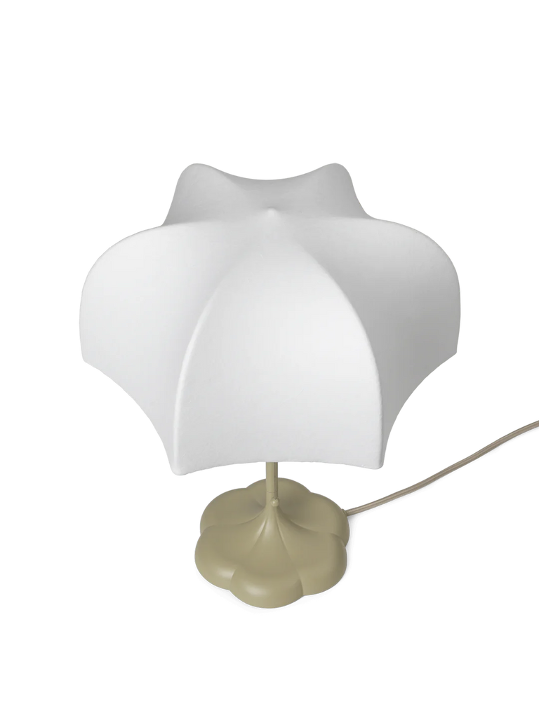 Introducing the Poem Table Lamp - White/Cashmere, a modern masterpiece with a petal-shaped translucent shade and flower-like beige base, elegantly complemented by a simple power cord extending from the stem.