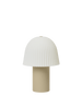The Ferm Living Frill Portable Lamp in Cashmere/White features a dimmable LED and a large white pleated dome shade over a cylindrical beige base, perfect for brightening any kids' room.