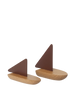 The Ferm Living Opty Boat - Set of 2 features modern bookends with FSC-certified oak oval bases and triangular brown metal supports, placed side by side on a plain background.