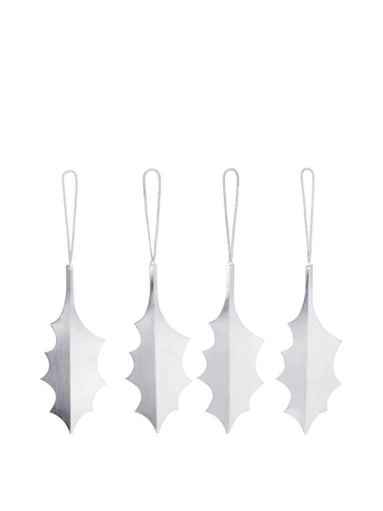 Four silver-plated Ferm Living Holly Leaf Ornaments - Set of 4 - Silver, shaped like holly leaves with matching thread loops.