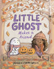 The cover of the "Little Ghost Makes a Friend Book" by Maggie Edkins Willis features a shy ghost sitting on a park bench with a carved pumpkin, accompanied by a young girl dressed in a coat, hat, and scarf. The scene is set amidst autumn leaves with a spider web in the top right corner.