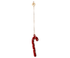 The Maileg Christmas Metal Ornament - Sugar Cane - Dot features a red candy cane with white dots, hanging from a string with a small circular tag. Hand painted for festive charm, it’s set against a plain light background.
