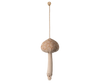 The Maileg Christmas Fabric Ornament, Mushroom - Winter Heart, features a plush mushroom with a beige stem and patterned cap hanging by a string from a circular knob—perfect as a charming ornament for your Christmas tree or seasonal décor.