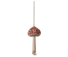 The Maileg Christmas Fabric Ornament, Mushroom - Winter Flower - Red features a beige stem and a red cap with white floral patterns, hanging by a beige string—perfect for adding festive charm to your Christmas tree.