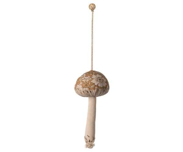 The Maileg Fabric Ornament, Mushroom - Blossom - Ocher features a beige stem and brown cap with white floral embroidery, making it a charming embroidered decoration perfect for your Christmas tree.
