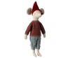 The PRE-ORDER: Maileg Christmas Mouse, Maxi - Boy features a linen cotton plush design with a red pointed hat, red and gray striped sweater, and light blue pants. Estimated arrival is early September.