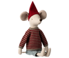 PRE-ORDER: Maileg Christmas Mouse, Maxi - Boy, dressed in a red and gray striped sweater, blue skirt, and tall red pointed hat, sits upright on a plain white background. Estimated arrival early September.