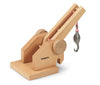 The Fagus Wooden Crane Extension features a wooden crane with a metal hook on a red string, mounted on a square base, branded "fagus," and serves as a towing crane extension for the Fagus Basic Truck Unimog.