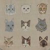 The Cats Tote Bag features a 3x3 grid of nine embroidered feline faces, each with unique colors and expressions on a beige background, showcasing varied fur patterns and eye colors for added charm.