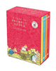 A Year In Brambly Hedge by Jill Barklem is a boxed set featuring four classic tales, with a red box illustrated with mice in clothing and pastel-colored spines displaying the titles of these beloved adventures.