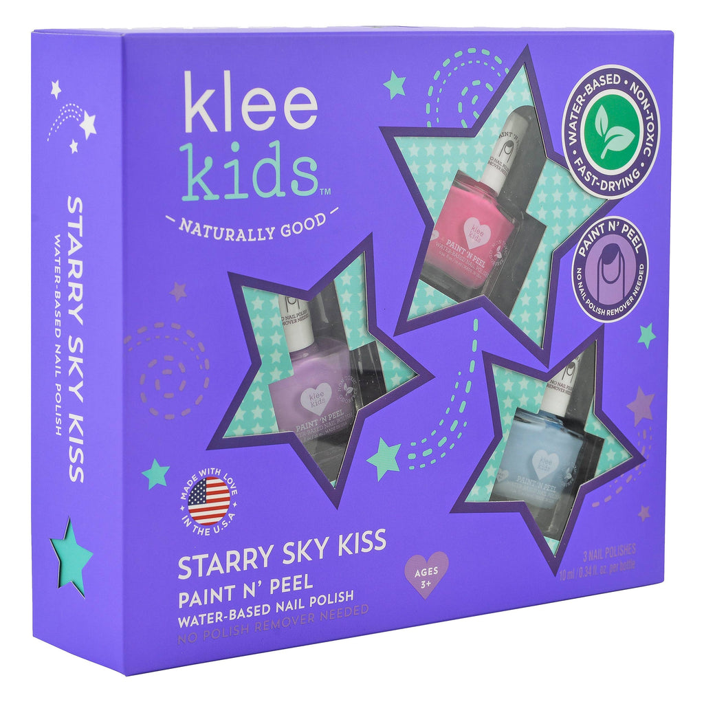 Klee Kids Water-Based Nail Polish Set - Starry Sky Kiss in a purple gift box, featuring three bottles of kid-friendly, water-based nail polish in pink, purple, and blue.