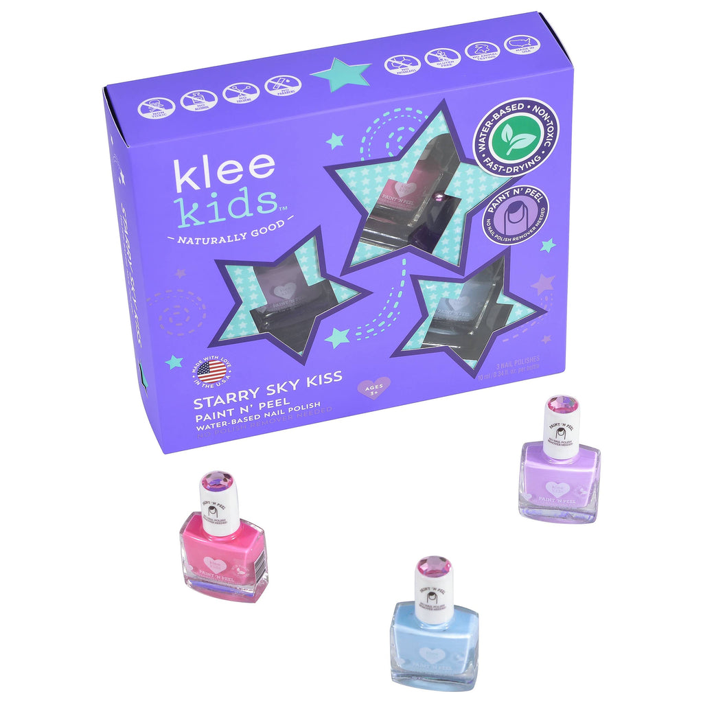 Klee Kids Water-Based Nail Polish Set - Starry Sky Kiss, featuring three water-based nail polish bottles in pink, lavender, and light blue, arranged in front of their star-shaped purple packaging box.