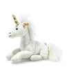 A Steiff Unicorn Stuffed Animal, 11 Inches with a white body, fluffy mane, golden horn, and a label on its ear, isolated on a white background.
