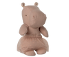 The Maileg Small Hippo With Skirt Stuffed Animal - Soft Rose is a light brown hippo plush from the Safari Friends collection, featuring dot eyes, rounded floral-patterned ears, and a sheer polka-dotted ballerina skirt.