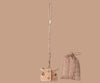 A Maileg Plush Sleeping Bunny With Harness sits with a small beige plush pouch featuring buttons and a patterned strap, plus a pink and beige striped drawstring bag, all displayed on a solid beige background.