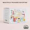A box labeled "Tool Box & Wooden Tools" with toy tools is displayed against a light background. Text reads "Beautifully Packaged for Gifting." The set builds fine motor skills and comes in 100% recyclable packaging.