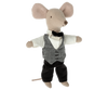 Maileg Extra Clothing: Waiter Clothes lets your Big Brother Mouse dress as a classic waiter with a white shirt, vest, black bow tie, and black pants—perfect for standing upright with arms outstretched.