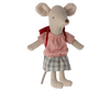 The Maileg After School Set includes an adorable fabric toy mouse with big ears, dressed in a red gingham top, blue plaid skirt, and a small red scarf tied around its neck.