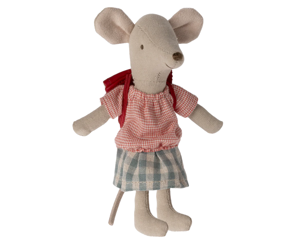 The Maileg After School Set includes an adorable fabric toy mouse with big ears, dressed in a red gingham top, blue plaid skirt, and a small red scarf tied around its neck.