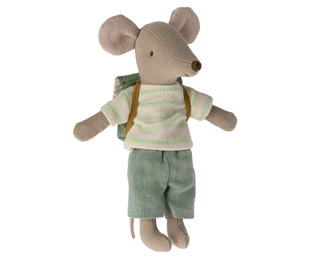 The Maileg After School Set features a cute stuffed toy mouse in a striped white and green shirt, light green pants, and a blue-yellow backpack with brown straps—perfect for adventures in a mouse hole farmhouse.