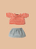 The Maileg Easter Egg with Lamb & Extra Clothing features a red and white striped sweater and a light blue skirt, perfect for Easter gifting—displayed together on a simple beige background.