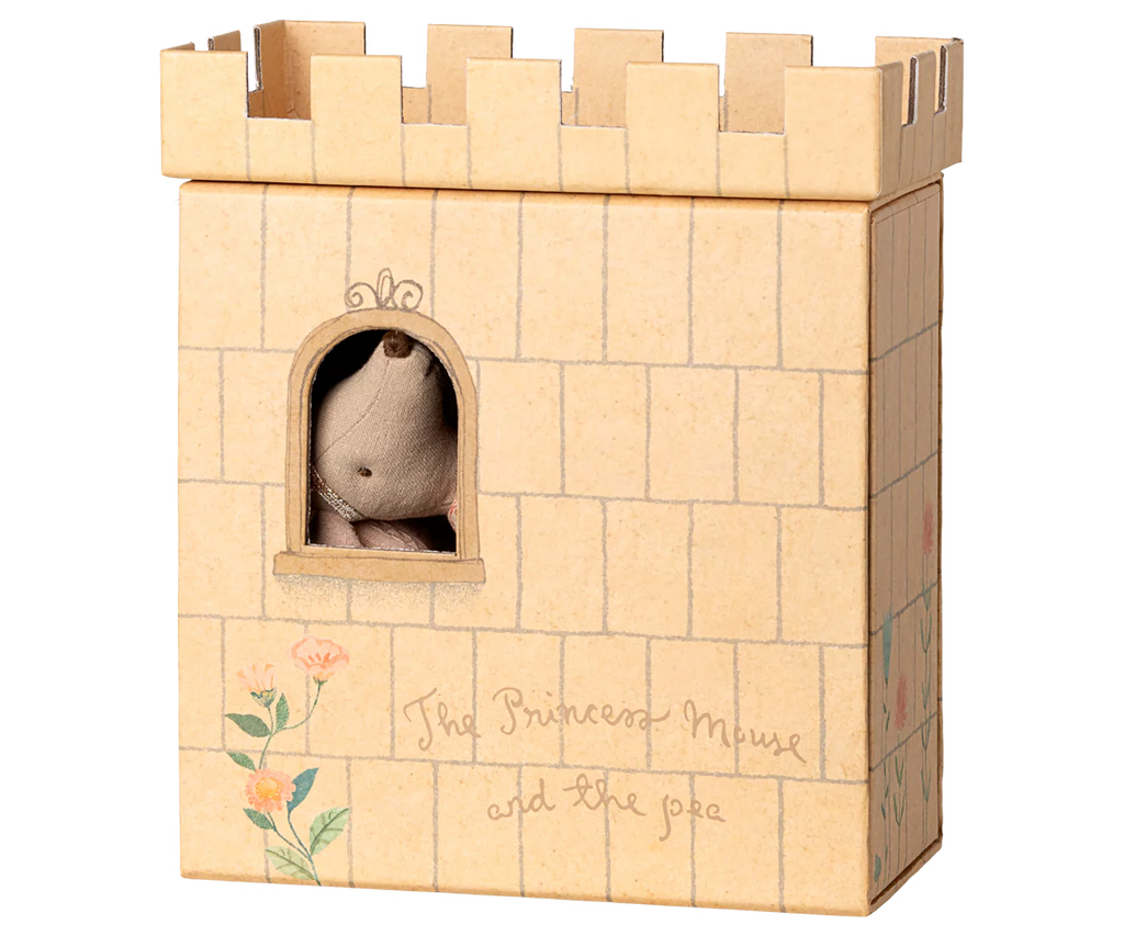 The PRE-ORDER: Maileg Princess and The Pea, Big Sister Mouse (Estimated Ship Date: Mid November) features a princess mouse in a charmingly decorated cardboard castle box for classic fairytale play.