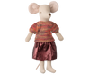 A plush toy mouse featuring Maileg's Skirt and Knitted Blouse for Mum Mouse, an ensemble with a multicolored sweater and shiny pink skirt, stands against a plain background. The mouse's large pink ears and small tail add to the charm of its adorable outfit. Ships in one week.