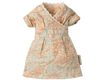 The Maileg Dress For Mum Mouse is a stylish baby outfit with short sleeves, featuring an orange animal pattern on a light teal background. It includes a wrap-style front and lace-trimmed neckline, perfect for your little one's style. Ships in one week.
